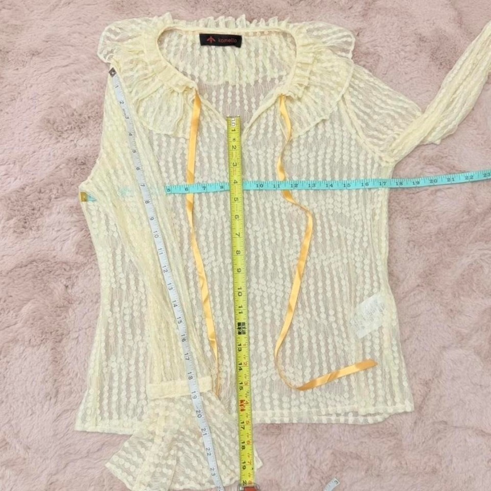 Sheer Lace Coquette Blouse Ivory Mesh Balletcore Ribbon Top‎ Womens S - Picture 8 of 8